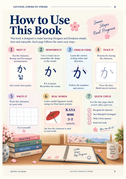 How to Use This Book — sample page from Japanese, Stroke by Stroke
